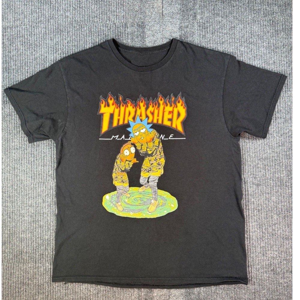 Thrasher Rick and Morty Graphic T-Shirt Mens Black Short Sleeve Crew Neck L